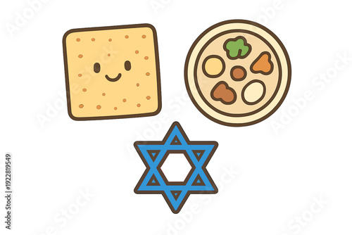 A cute cartoon sticker set for Passover featuring a smiling matzah, a traditional Seder plate with symbolic foods, and a blue Star of David, all isolated on a black background.