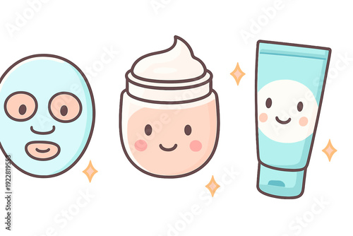 A cute cartoon illustration featuring three skincare characters: a sheet mask, a jar of cream, and a tube of lotion, all with happy faces and glowing sparkles on a black background.