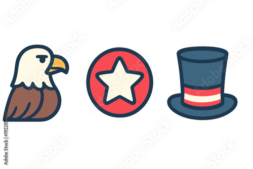 A set of three cartoon vector icons featuring a bald eagle, a white star on a red circular background, and a blue top hat with red and white stripes, all set against a black background.