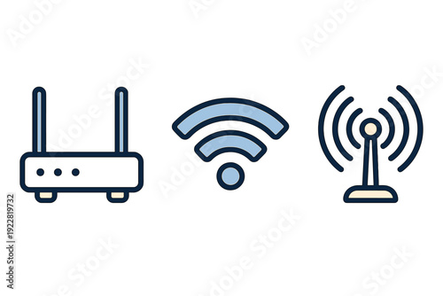 A set of three stylized icons representing wireless technology, including a router, a wifi signal symbol, and a radio antenna tower, presented in blue and cream on a black background.