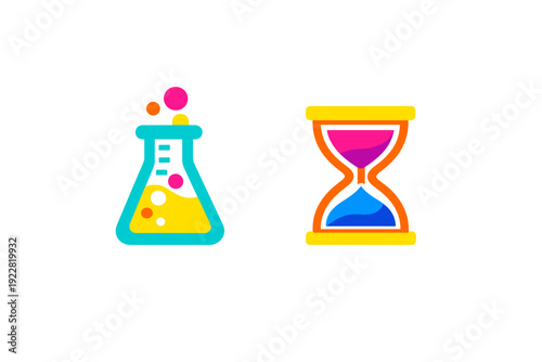 A colorful illustration featuring a laboratory flask with bubbling yellow liquid and an hourglass with pink and blue sand, both set against a solid black background.