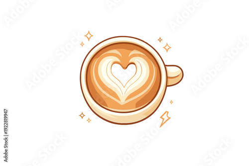 A digital illustration features a top-down view of a coffee cup with a heart-shaped latte art design, accented by glowing stars and sparkles against a dark backdrop.