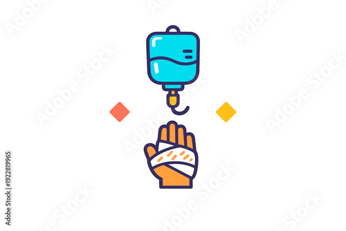 A flat vector illustration featuring a blue intravenous drip bag positioned above a bandaged human hand against a dark background with small decorative diamond shapes.