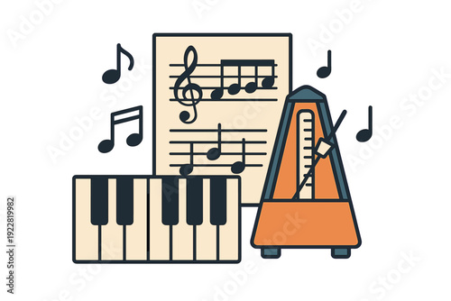This graphic shows a piano keyboard, sheet music with notes, and a classic orange metronome. Floating musical notes surround the composition on a solid black background.