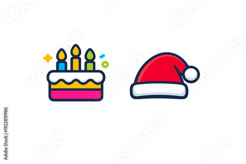 A colorful vector illustration featuring a layered birthday cake with three lit candles and a red Santa hat, set against a dark background with small decorative elements.