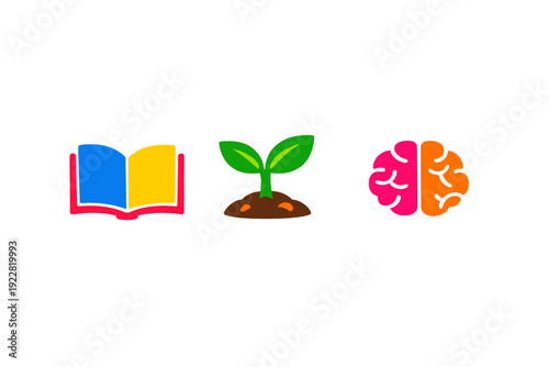 Three colorful icons representing education, growth, and intelligence are displayed on a black background, featuring an open book, a green sprout in soil, and a human brain.