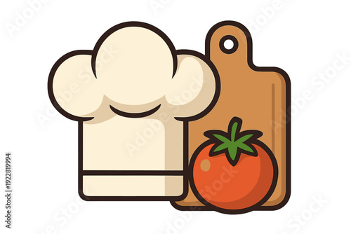 A cartoon illustration featuring a white chef's hat next to a wooden cutting board with a fresh red tomato in front, set against a dark background for a culinary theme.