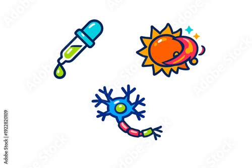 A collection of three colorful scientific and celestial icons featuring a liquid dropper, a sun and moon combination, and a stylized neuron cell on a black background.