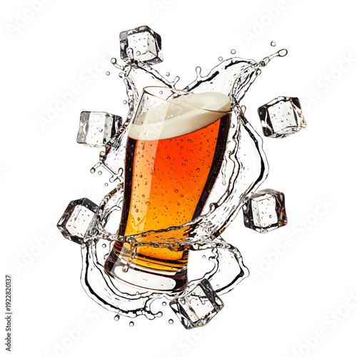 A chilled glass of beer surrounded by ice cubes splashing in mid-air, captured from a front viewpoint.