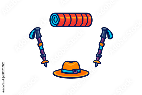 A flat vector illustration of outdoor hiking equipment including a rolled sleeping mat, two trekking poles, and a wide-brimmed sun hat isolated on a dark background.