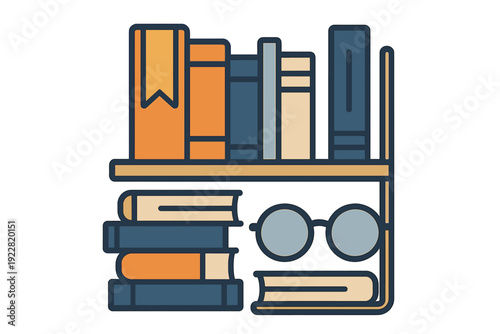 A flat vector illustration of a two-tier bookshelf featuring various books in orange and blue tones, a pair of round glasses, and a bookmark on one of the vertical spines.