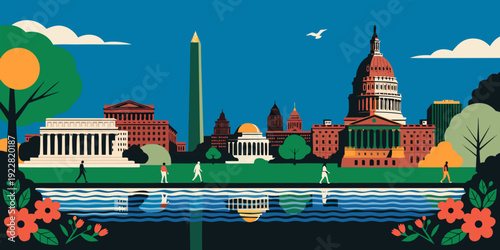 USA, US, U.S, United States - Washington D.C. National Mall Illustration – Colorful Landmark Art Featuring Capitol, Lincoln & Washington Monument