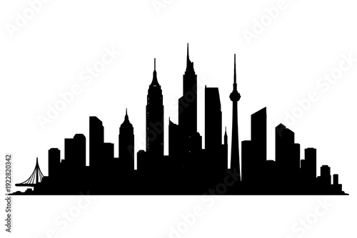 City skyline silhouette with iconic tower structures and skyscrapers.