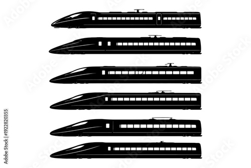 Silhouette of various high-speed train designs in profile views.