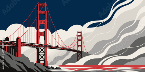 USA, US, U.S, United States - Dramatic Golden Gate Bridge Artwork – Red Suspension Bridge Illustration with Stormy Sky
