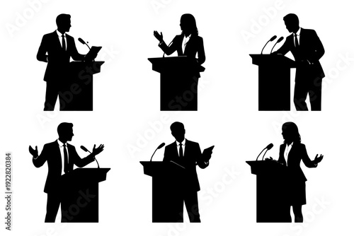 Silhouettes of diverse professionals at podiums discussing various topics.
