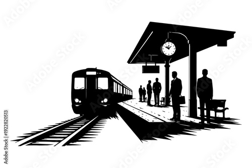 Silhouette of people at train station platform with clock and arriving train.