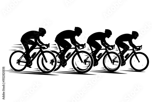 Silhouette of cyclists racing in sync: dynamic movement and speed.