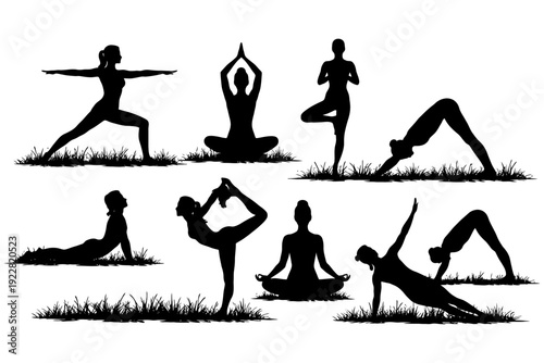 Silhouettes of females practicing yoga in various poses.