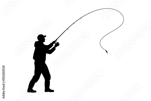 Silhouette of male angler casting fishing rod in action.