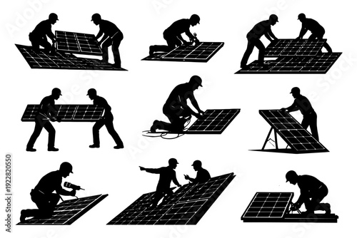 Silhouettes of workers installing solar panels: renewable energy effort.