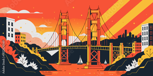 USA, US, U.S, United States - Golden Gate Bridge Poster – Vibrant Orange & Yellow San Francisco Skyline Illustration, Colorful California Art & Modern Bay Area Wall Decor