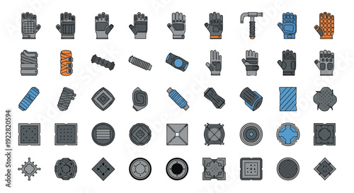 Set of 50 industrial work gloves and manhole cover icons vector