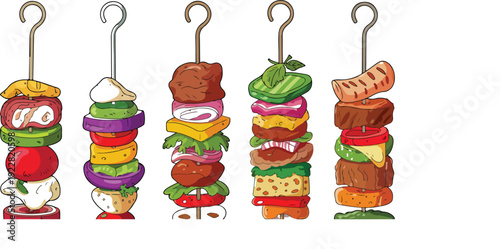Title 1: Grilled Kebab Skewers Outline Icons  Meat, Cheese & Veggies