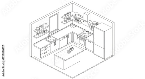 Modern Kitchen Design Isometric Line Drawing Illustration.