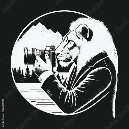 Lion Photographer in Suit Capturing Natures Beauty with Precision.