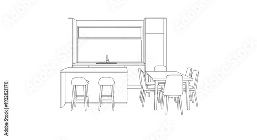 Modern Kitchen Design Sketch with Island and Chairs.