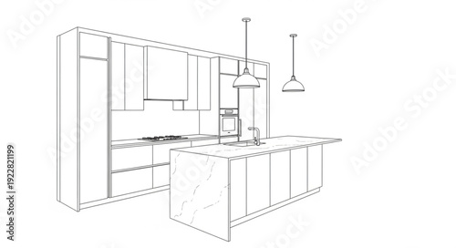 Modern Kitchen Design Sketch with Island and Cabinets.