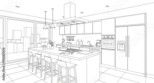 Modern Kitchen Design Sketch with Island and Appliances.