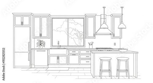 Modern Kitchen Design Sketch with Island and Appliances.