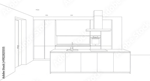 Modern Kitchen Design Sketch with Island and Appliances.