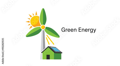 Illustration depicting green energy sources wind solar and a house