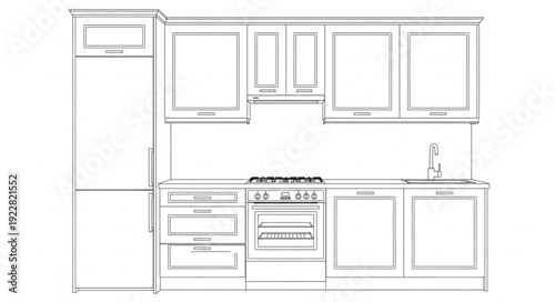 Modern Kitchen Design Sketch with Appliances and Cabinets.