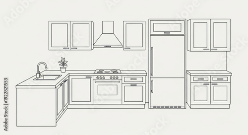Modern Kitchen Design Sketch with Appliances and Cabinets.