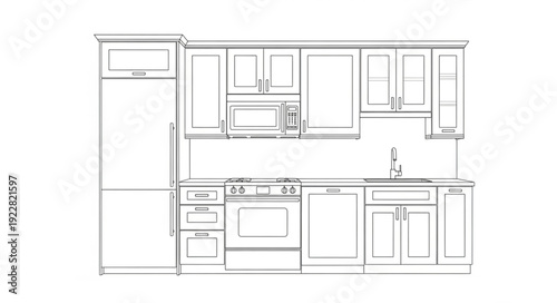 Modern Kitchen Design Sketch with Appliances and Cabinets.