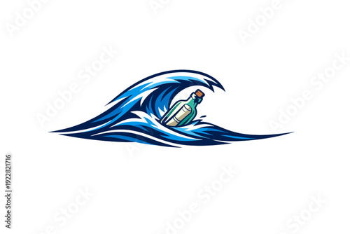 A stylized vector illustration of a glass bottle containing a rolled message floating inside a large, curling blue ocean wave against a solid black background.