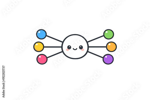 A cute black circular character with a smiling face and pink cheeks is centered on a black background. Six thin legs extend outwards, each ending in a different colored sphere.