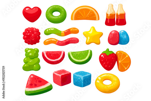 A colorful assortment of gummy candies in various shapes like hearts, worms, bears, and fruit slices is arranged against a solid black background. The sweets have a glossy finish.