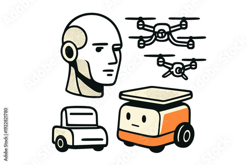 Minimalist poster graphic featuring a humanoid head, two quadcopter drones, a small orange delivery robot, and a compact vehicle against a solid black background.