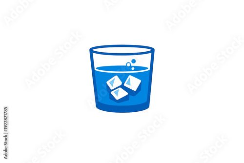 A blue glass filled with a refreshing blue liquid and three white ice cubes, featuring small bubbles on the surface, set against a solid black background in a flat illustration style.