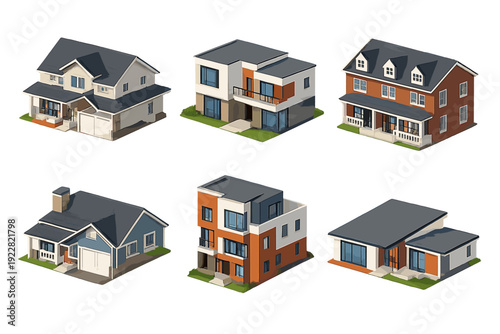 Six isometric house models displayed in a grid, showcasing diverse architectural designs from modern flat roofs to traditional gabled styles with garages and balconies on a black background.