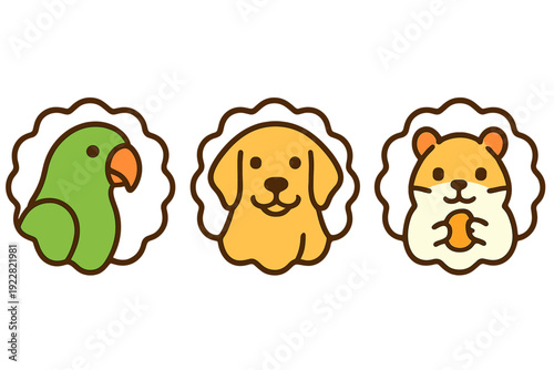 Three stylized cartoon pet portraits featuring a green parrot, a golden retriever dog, and a hamster holding a seed, each enclosed in a scalloped circular frame on a black background.