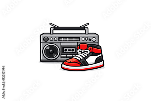A cartoon illustration of a grey vintage boombox radio sitting behind a red, white, and black high-top sneaker on a black background. The style is clean with bold outlines.