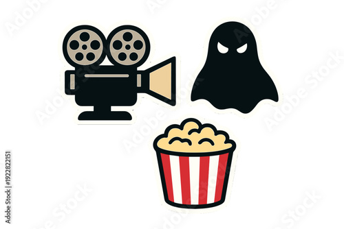 This set of three stylized icons features a vintage film projector, a spooky black ghost silhouette, and a classic red and white striped bucket of popcorn against a dark background.