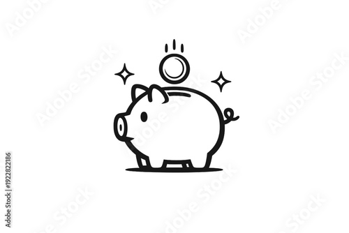 This minimalist black and white line drawing depicts a classic piggy bank with a coin dropping into the top slot, accompanied by decorative sparkles on a plain white background.