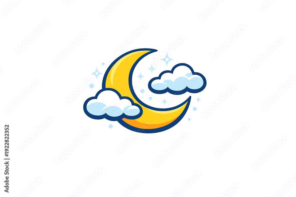 Naklejka premium A stylized cartoon illustration featuring a bright yellow crescent moon nestled among light blue clouds and twinkling white stars, set against a solid black background.